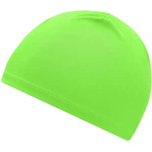 A bright green running beanie with a smooth texture and fitted design. It features a logo.