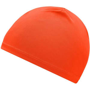 An orange running beanie with a fitted design and a smooth finish. It features a logo on the side.
