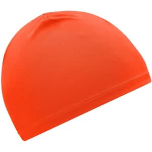 An orange running beanie with a smooth, fitted design and a simple style. It has a logo on the side.
