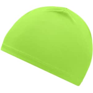 A bright lime green running beanie with a fitted design, made from stretchy fabric.