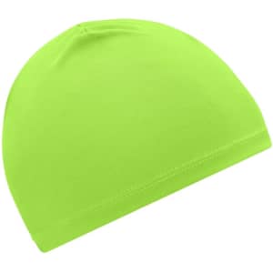 A bright green running beanie with a smooth, fitted design. It features a logo on the side.