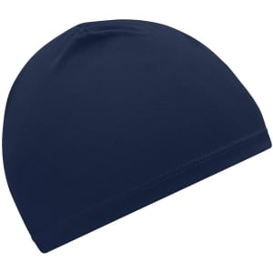 A navy running beanie featuring a soft, fitted design and an unadorned surface, ideal for outdoor activities.