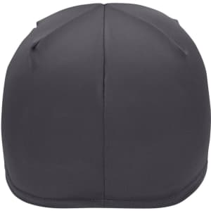 A grey running beanie with a smooth surface and a fitted design, featuring a branded logo.