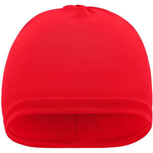 A red running beanie with a smooth, streamlined design and a logo on the side.