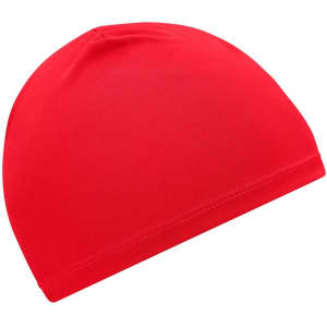 A red running beanie with a simple design and a logo on the side.