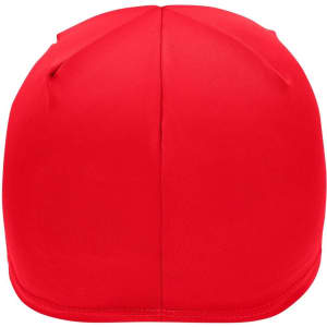 A red running beanie with a seamless design and a small logo on the side.