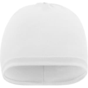 A white running beanie with a smooth finish and a simple design. It features an unobtrusive logo.