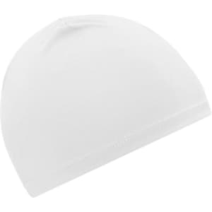 A white running beanie with a fitted design and a simple logo at the back.