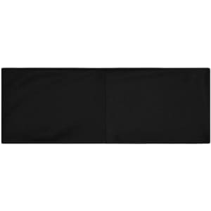 A black running headband with a smooth fabric texture, featuring a logo on one side.