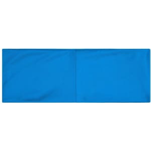 A blue running headband with a smooth, simple design. It features a logo on one side.