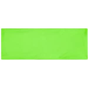 A bright green running headband with a smooth texture, featuring a logo on one side.