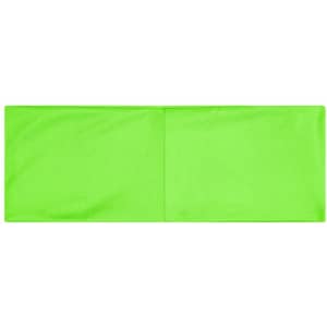 A bright green running headband features a smooth, glossy finish and has a logo on it.