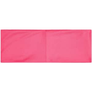 A pink running headband with a smooth fabric texture, featuring a logo on the side.