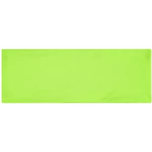 A bright green running headband made from a lightweight, stretchy material, featuring a logo.