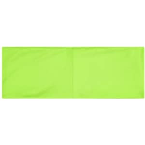 A bright green running headband featuring a smooth, flexible fabric with a centre seam. It has a logo on one side.