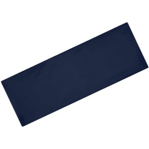 A navy running headband with a logo. The fabric is smooth and rectangular in shape.