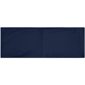 A navy running headband features a simple, sleek design and includes a logo.