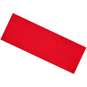 A red running headband with a plain design and a logo in one corner.