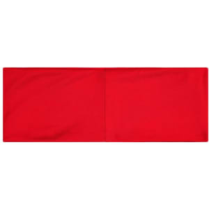 A bright red running headband with a smooth fabric surface, featuring a logo on one side.