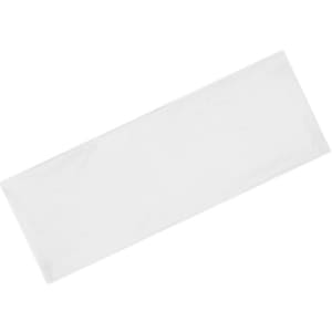 A white running headband displayed flat, featuring a logo or branding on its surface.