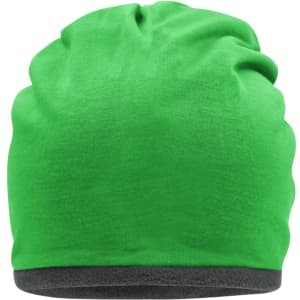 A green fleece beanie with a grey inner lining, featuring a logo on the side.
