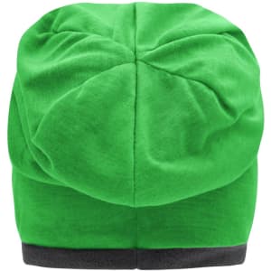 A green fleece beanie with a dark grey band at the bottom and a smooth, rounded top. It has a logo.