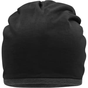 A black fleece beanie with a smooth exterior and a soft inner lining. Features a logo on the band.