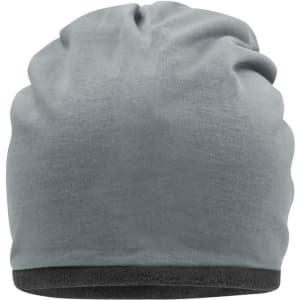 A fleece beanie in light grey with a dark grey band at the bottom. It features a logo.