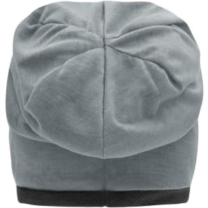 A grey fleece beanie with a gathered design and a contrasting dark band at the base. It features a logo on the side.
