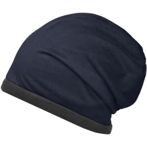 A navy fleece beanie with a grey cuff, featuring a logo. Soft and warm fabric ideal for cold weather.