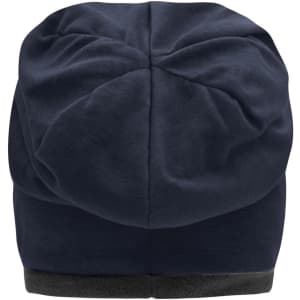 A navy blue fleece beanie with a textured finish and a soft lining at the base. It has a logo on one side.