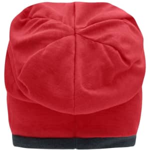 A red fleece beanie featuring a smooth texture and a dark grey band at the bottom. It has a logo on it.