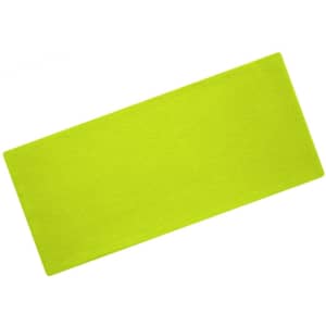 A bright green bio cotton headband laid flat, featuring a logo.