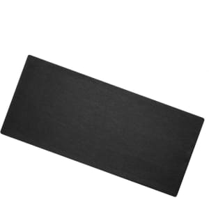 A black yoga mat with a textured surface. It has a rectangular shape and features a branding logo.