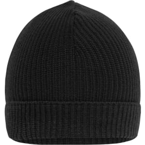 A black ribbed beanie with a folded cuff and a simple logo on one side.