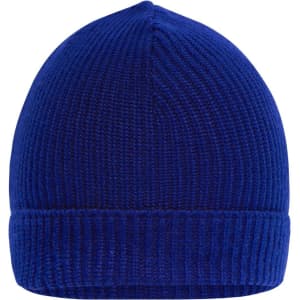 A blue workwear beanie with a ribbed texture and a folded cuff. It features a logo on the side.