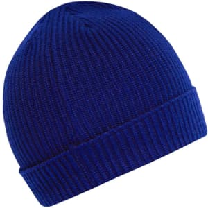 A blue workwear beanie with a ribbed texture and a fold-over cuff, featuring branding.