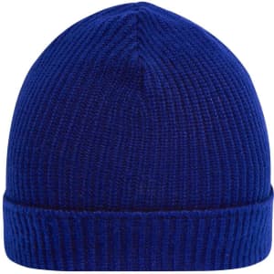 A blue beanie with a ribbed texture and a folded cuff, featuring a logo on the side.
