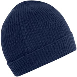 A navy blue knitted beanie with a ribbed texture and folded brim, featuring a logo.