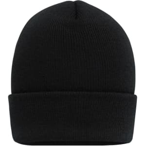 A black high brim beanie with a folded cuff and a simple design, featuring a logo.