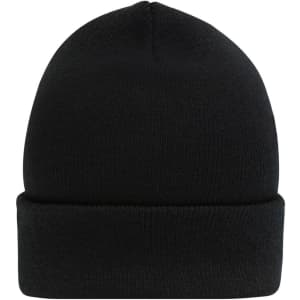 A black high brim beanie with a folded cuff, featuring a logo on the side.