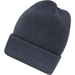 A dark grey high brim beanie with a rolled cuff and a soft knitted texture. It features a logo on the side.