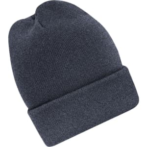 A grey high brim beanie with a rolled cuff and a smooth texture, featuring a branding logo.