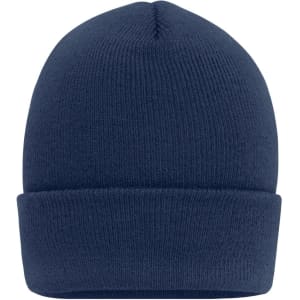 A navy high brim beanie with a fold at the base, featuring a simple design and a logo.