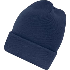 A high brim beanie in navy blue, featuring a thick, ribbed knit texture and a folded cuff. It has a logo on the side.