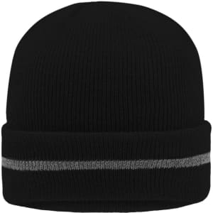 A black beanie with a grey reflective band and a logo. Simple ribbed design suitable for cold weather.