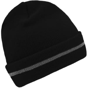 A black beanie with a reflective silver stripe and a folded cuff, featuring a logo.
