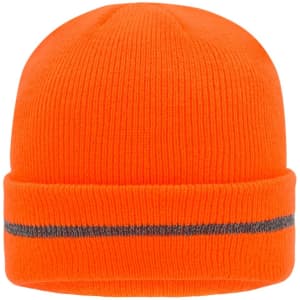An orange beanie with a reflective grey stripe and a logo on the front.