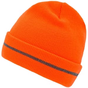 An orange reflective beanie with a grey stripe around the brim, featuring a logo.