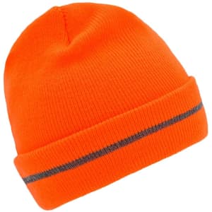 An orange beanie with a grey reflective band around the middle. It has a knitted texture and a fold-up brim.